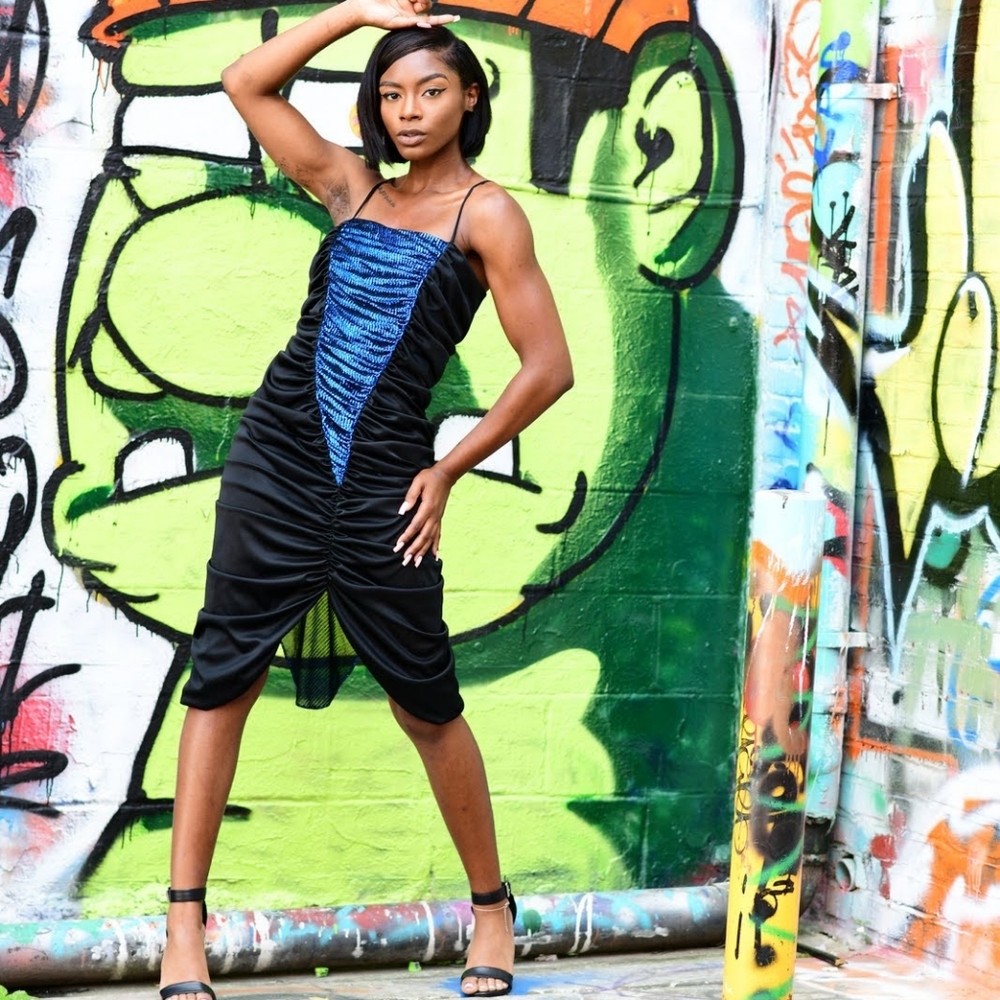 80s black and metallic ruched dress with fishtail